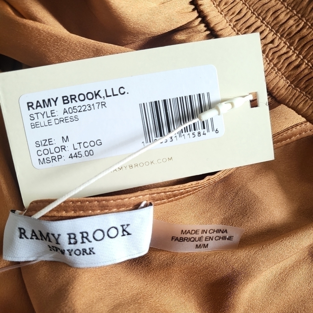 New Ramy Brook Belle Halter Neck Sleeveless Smocked Light Cognac Midi Dress Sz M - Picture 10 of 12
